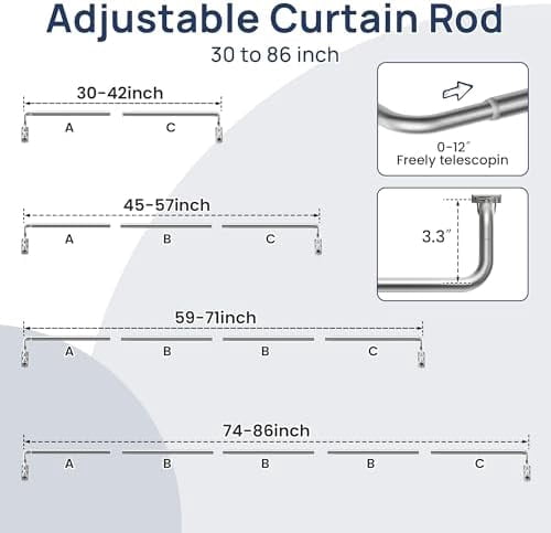 Blackout Curtain rod for windows 48 to 84, Wrap Around Curtain Rods for Bedroom, Living Room, Adjustable from 30 to 86 Inches, Silver