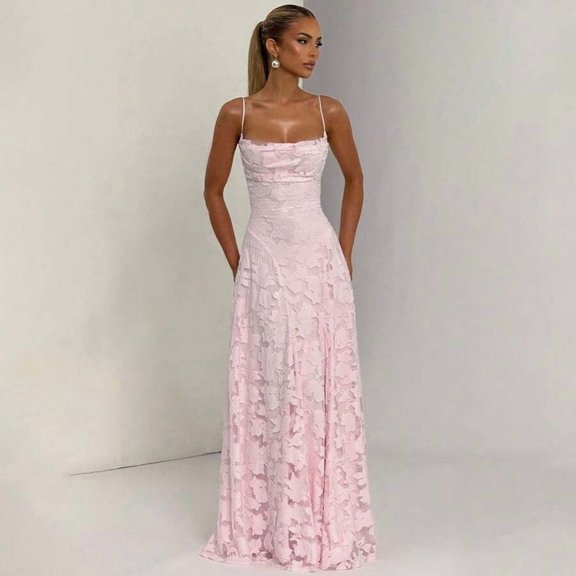 Pink Spaghetti Strap Square Neck Floral Appliqué Mesh Ruched Waist Flowy Maxi Dress For Formal Evening Party