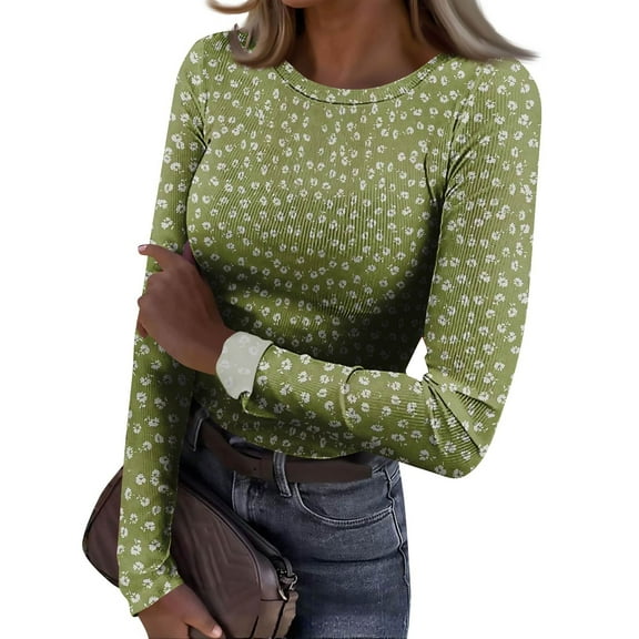 Ribbed Knit Tops for Women Long Sleeve Crewneck Slim Fitted Floral Print Basic Tee Blouses
