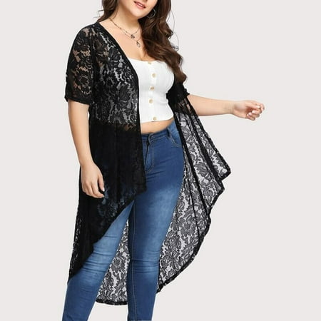 Open Front Lace - Tuscom Women Plus Size Loose Casual Short Sleeve Shawl Irregular Hem Open Front Beachwear Floral Lace Lightweight Cover Up Cardigan Top