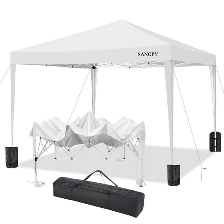 SANOPY 10 x10  EZ Pop Up Canopy Tent Outdoor Party Instant Shelter Portable Folding Beach Canopy with 4 Sandbag & Carrying Bag  White