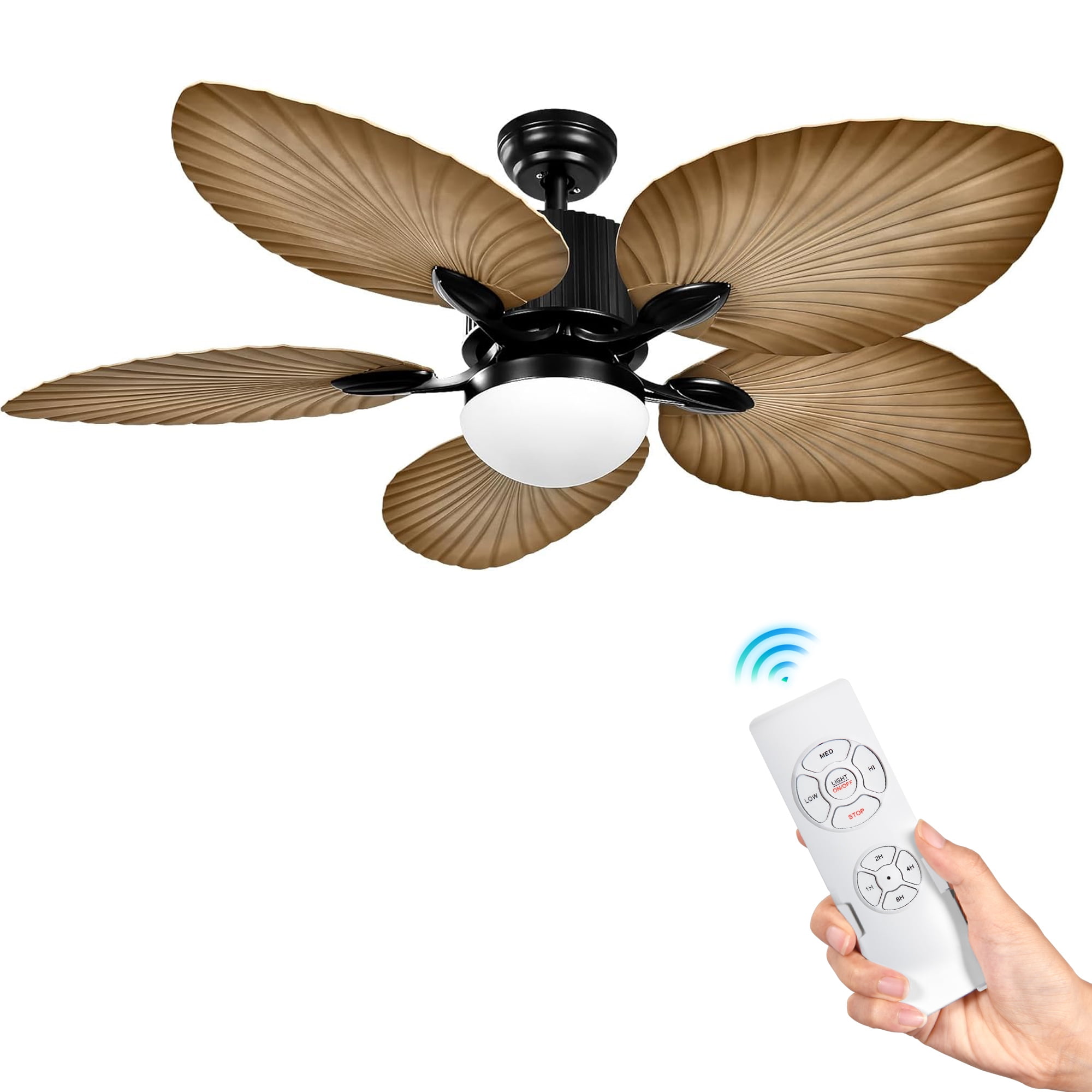 Uforic 52" Tropical Ceiling Fan with Light and Remote,5 Palm Leaf Blades Energy-efficient ceiling fan