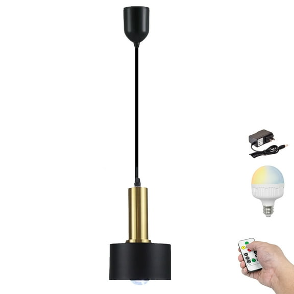 Kiven Battery Operated Modern Pendant Light with Remote, Timer, Dimmable, 1-Light Rechargeable Hanging Pendant Light , Adjustable Height for Shop, Reading,Bedroom,Black