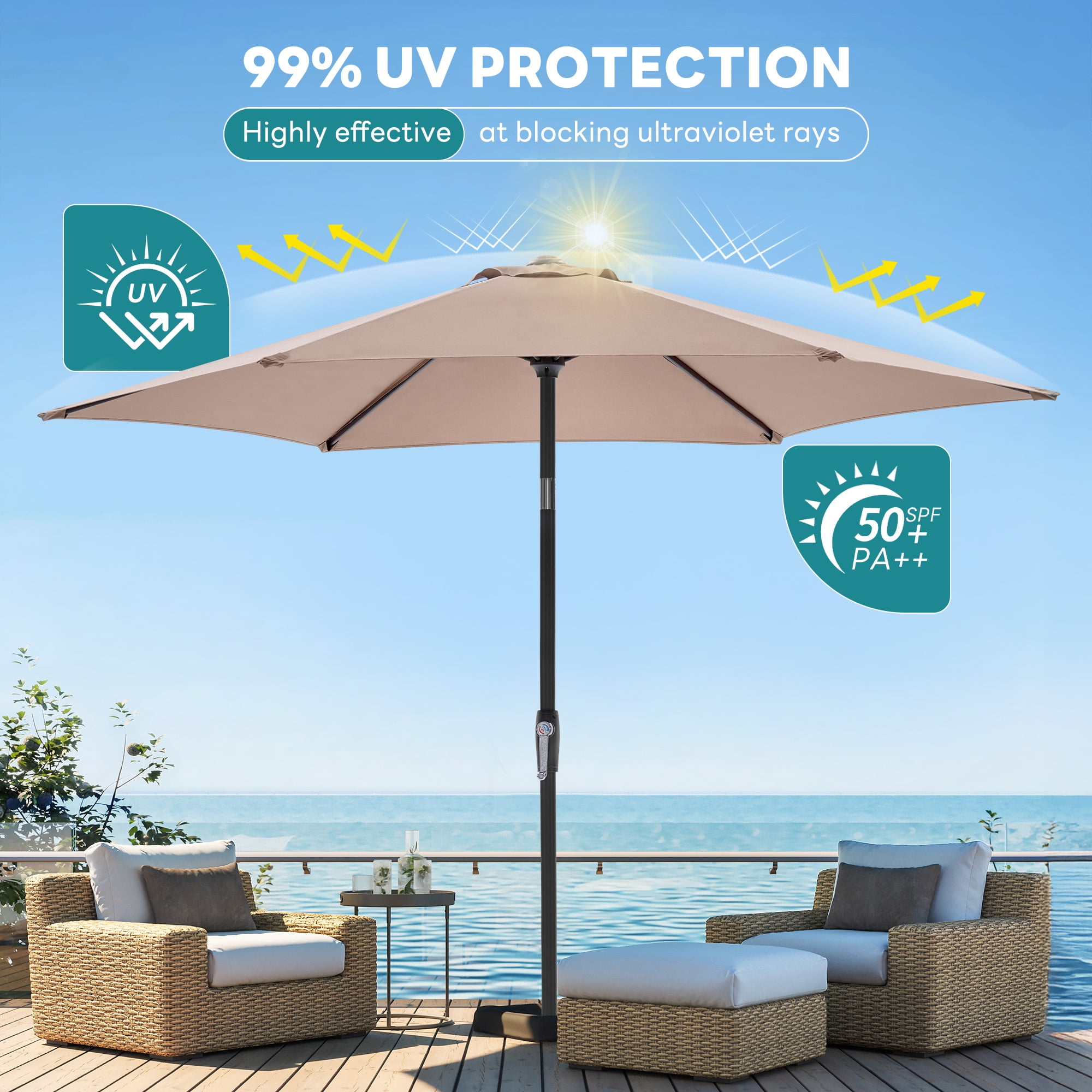 MCQ 7.5ft Outdoor Patio Umbrella with Push Button Tilt & Crank, 6-Rib Design, UV15+ Waterproof Fabric, Brown
