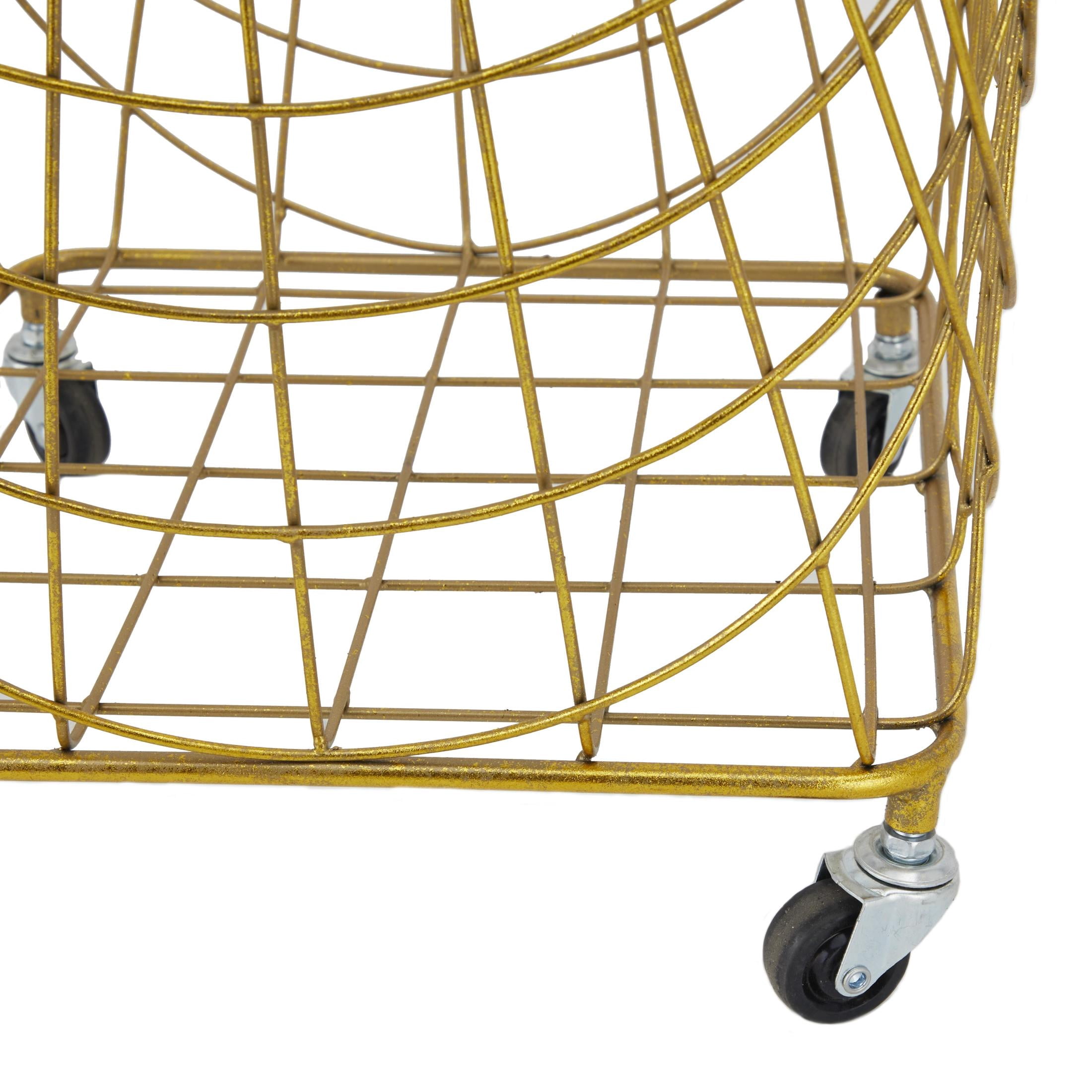 DecMode Gold Metal Deep Set Metal Mesh Laundry Basket Storage Cart with Wheels and Handles