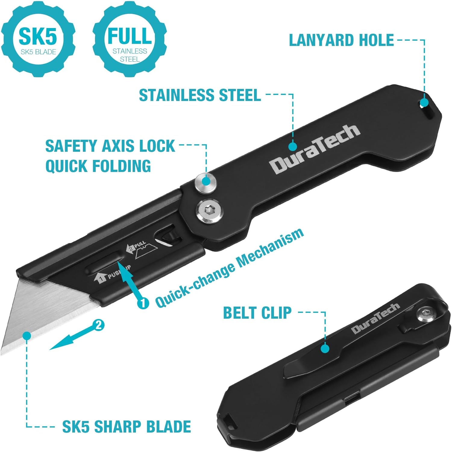 2-Pack Folding Utility Knife, Mini Box Cutter with Safety Axis Lock, Belt Clip, Quick-change Blade Mechanism, Full Stainless Steel Body and 5 Sharp Blade, EDC Pocket Knife Gifts for Men
