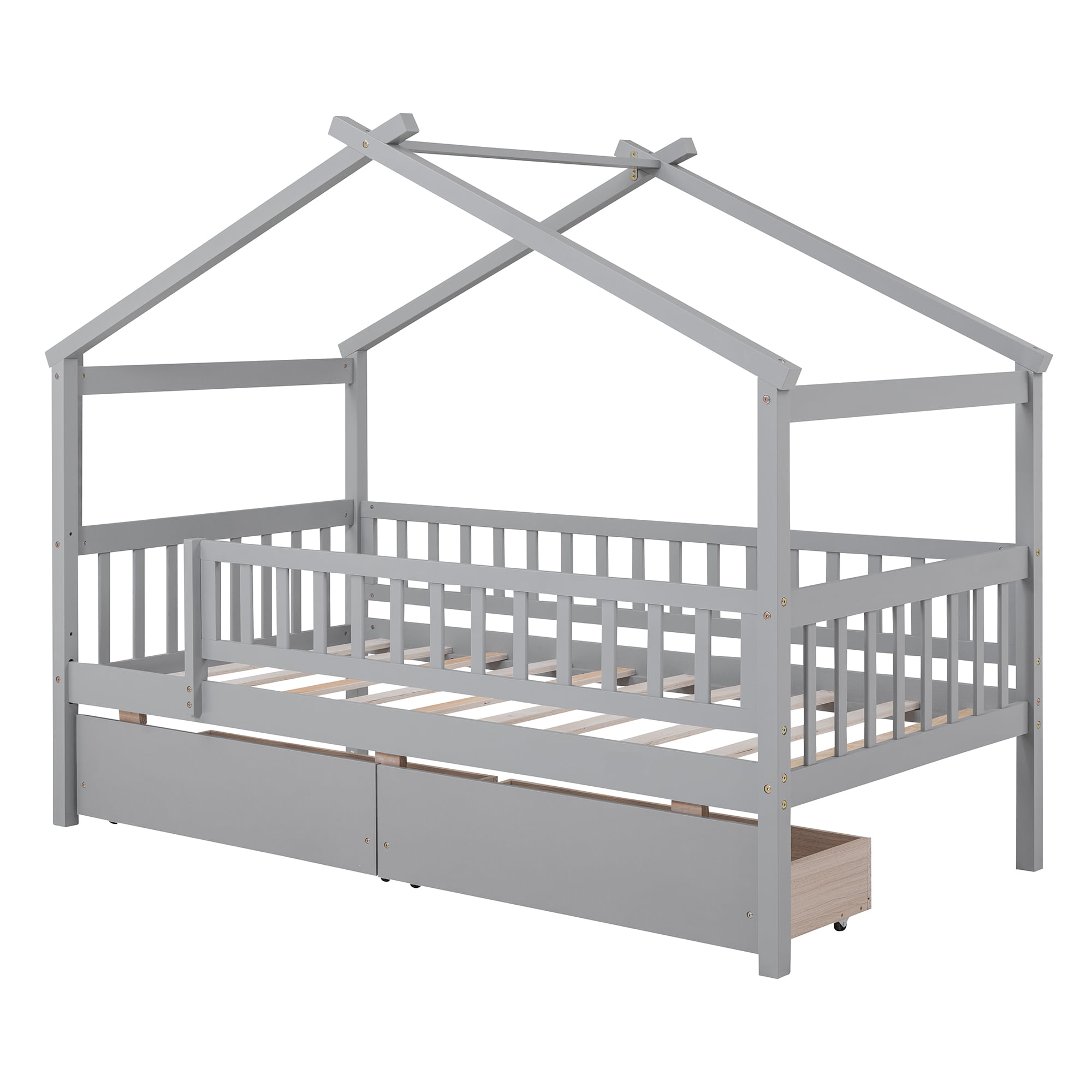 Harper & Bright Designs Twin House Bed with 2 Storage Drawers, Twin Bed Frame with Rails and Roof, Wooden Tent Montessori Bed for Bedroom, Gray