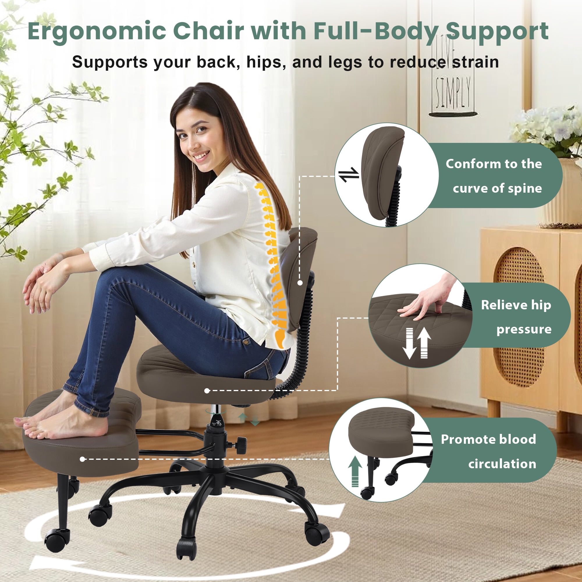 Dhole Ergonomic Cross-Legged Office Chair with Back Support - Adjustable Kneeling Stool for ADHD & Meditation, 360° Swivel Base with Wheels for Home Office, Brown