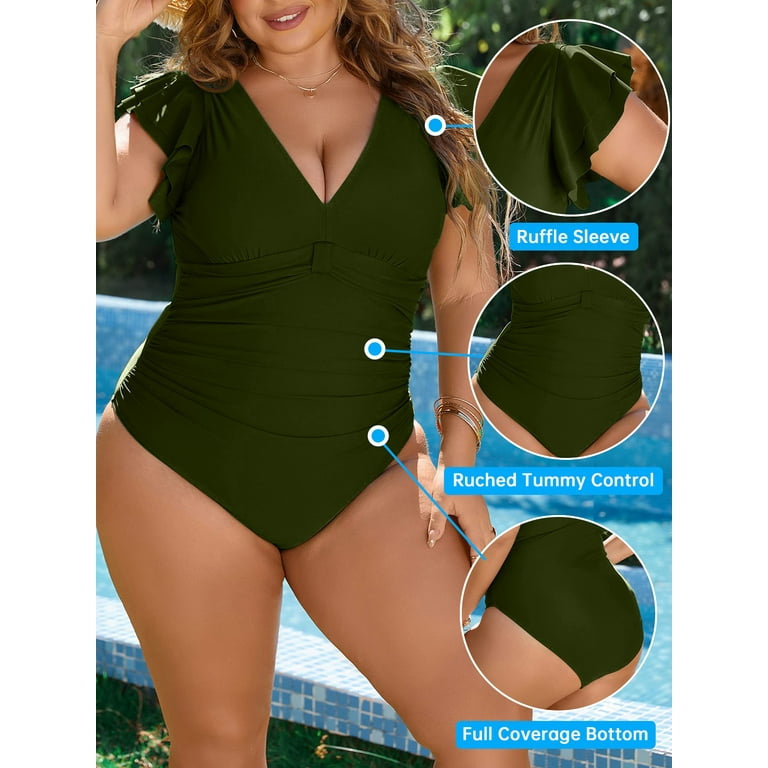 Inadays Women's Plus Size Tummy Control Flutter Sleeve One Piece Swimsuit,  Green, L