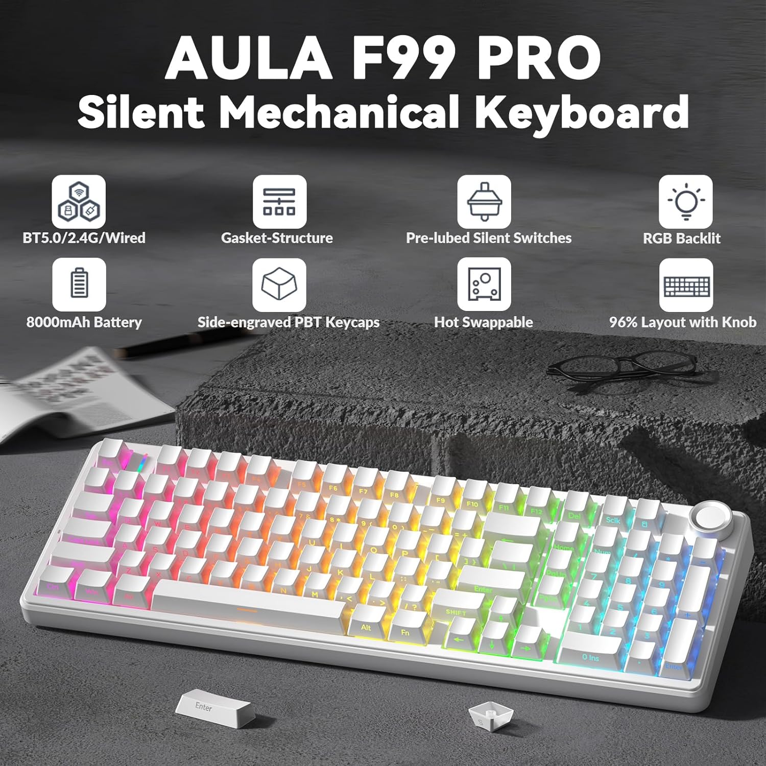 Restored AULA F99 Pro Wireless Mechanical Keyboard-Silent Version,BT5.0/2.4GHz/USB-C Hot Swappable Custom Keyboard,Gasket Structure,Pre-lubed Linear Switches RGB Backlit Computer Gaming Keyboards (Refurbished)