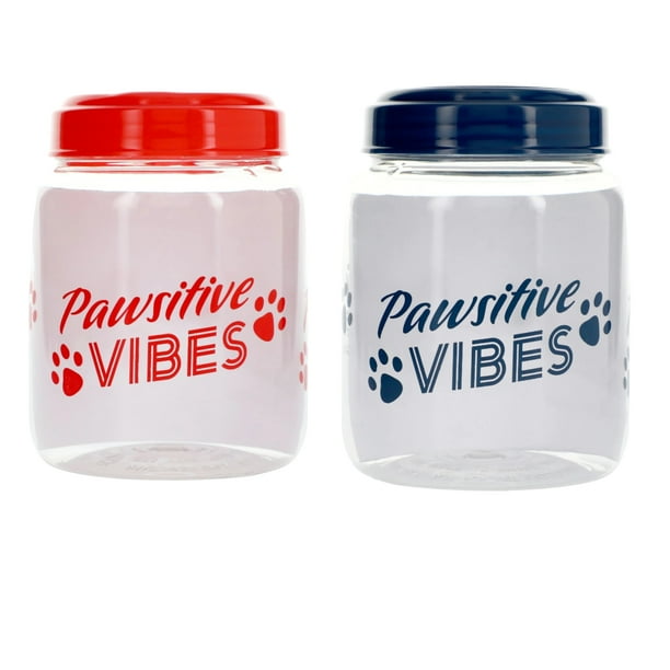 Plastic Pet Storage Canister Jar with Lids,Red Blue Pawsitive Vibes Prints Dog Treat Jars for