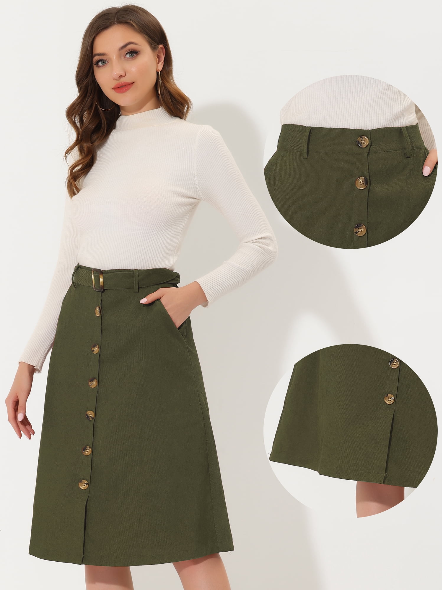 DARING DIVA Women's A-Line Button Front Belted Midi Skirts XL Green