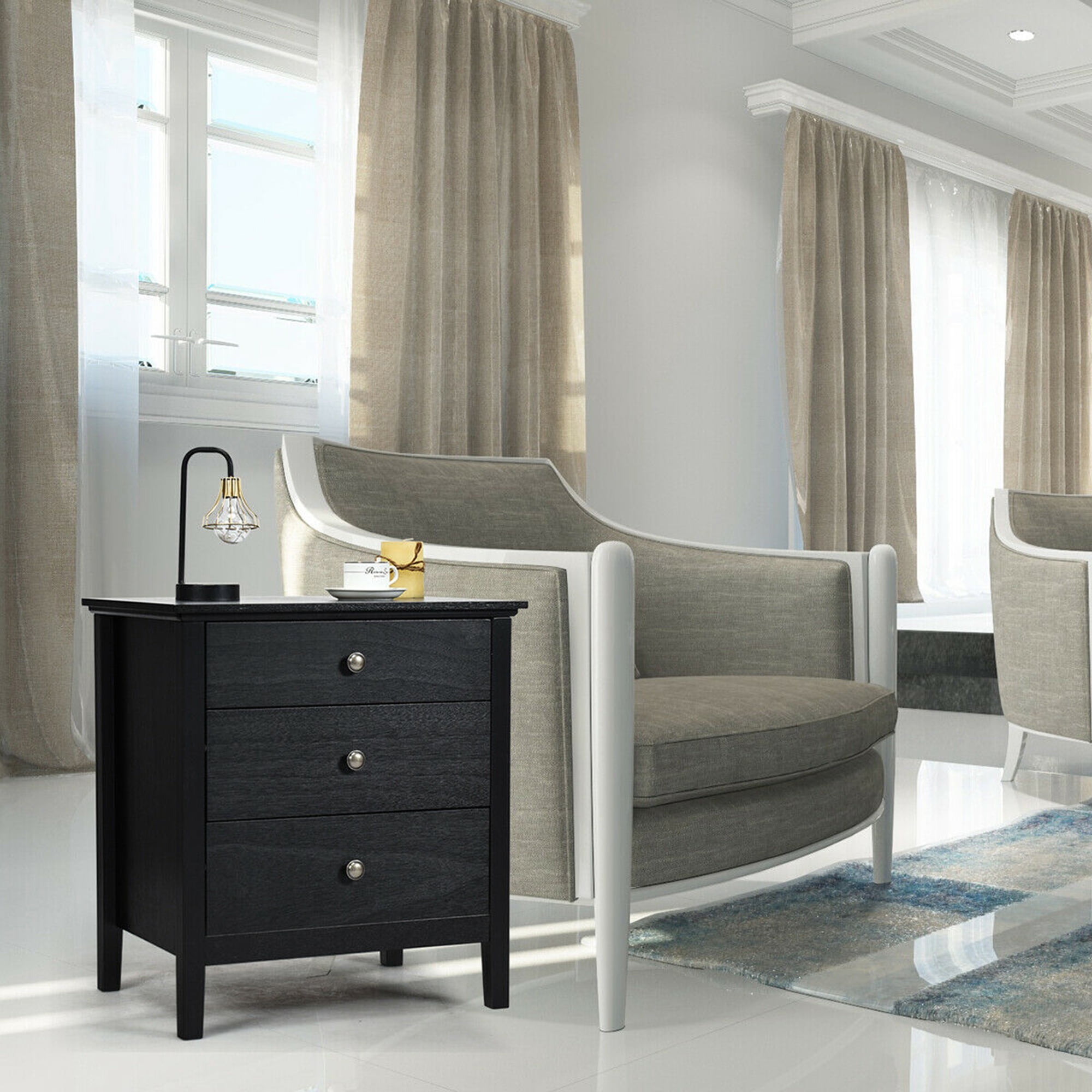 Gymax Accent Table Organizer Nightstand Beside End Side Table W/3 Drawers Black