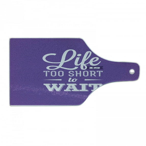 Wording Cutting Board, Abstract Slogan Composition Stimulating Active Life Carpe Diem Philosophy, Decorative Tempered Glass Cutting and Serving Board, Wine Bottle Shape, Purple White, by Ambesonne