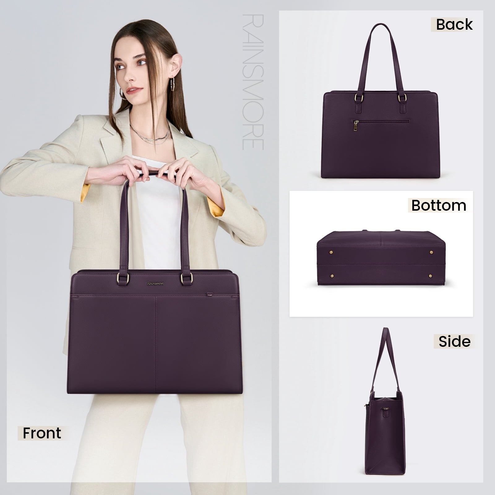 RAINSMORE Laptop Bag for Women 15.10 inch Laptop Tote Briefcase Waterproof Leather Computer Bag Work Tote Bags,Dark Purple