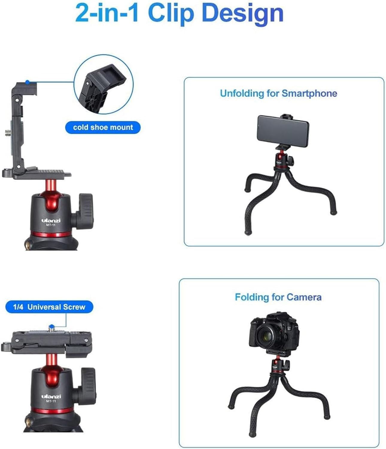 Ulanzi Camera Tripod, Mini Flexible Stand w Hidden Phone Holder w Cold Shoe Mount for Smartphone Camera