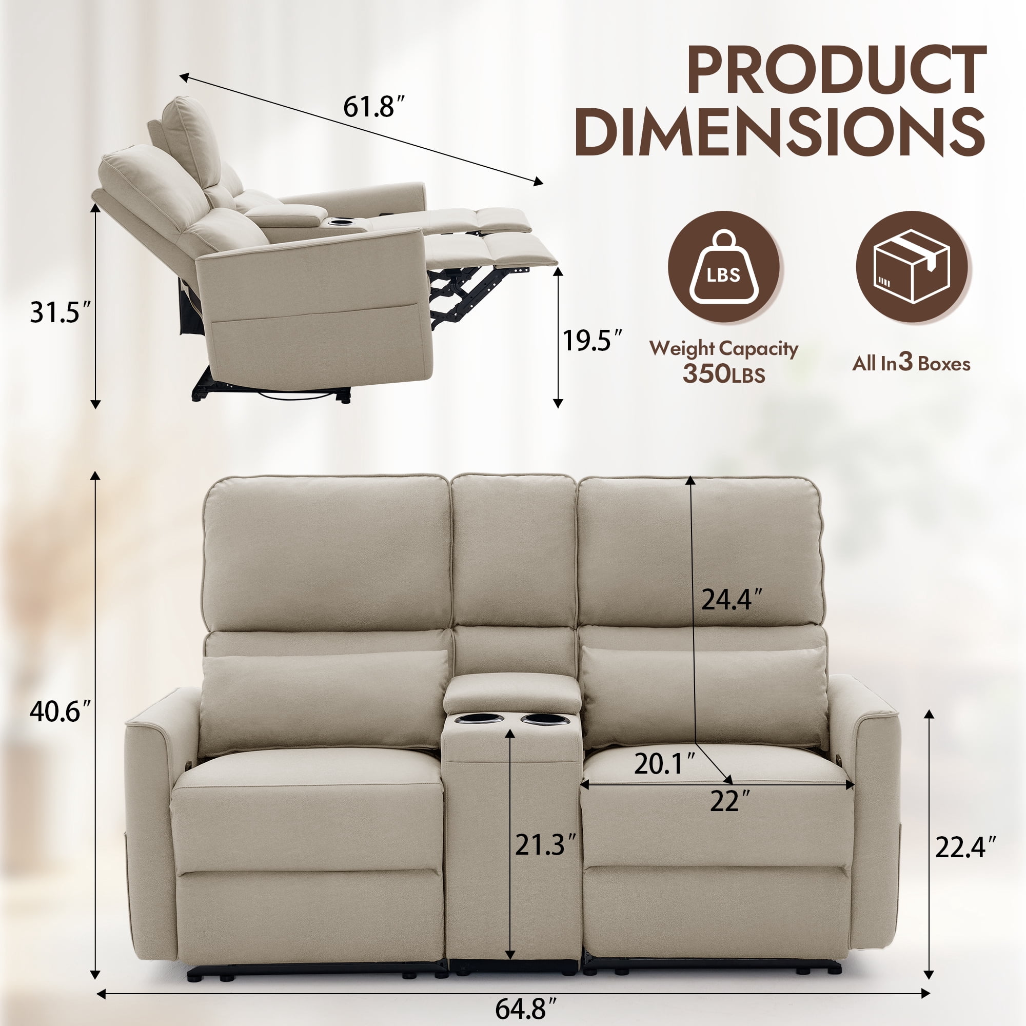 Korser 2-Seater Recliner Sofa with Pillow,Double Recliner Loveseat with Storage Console, Side Pockets, Cup Holders Manual Recliner Sofa for Living Room,Khaki