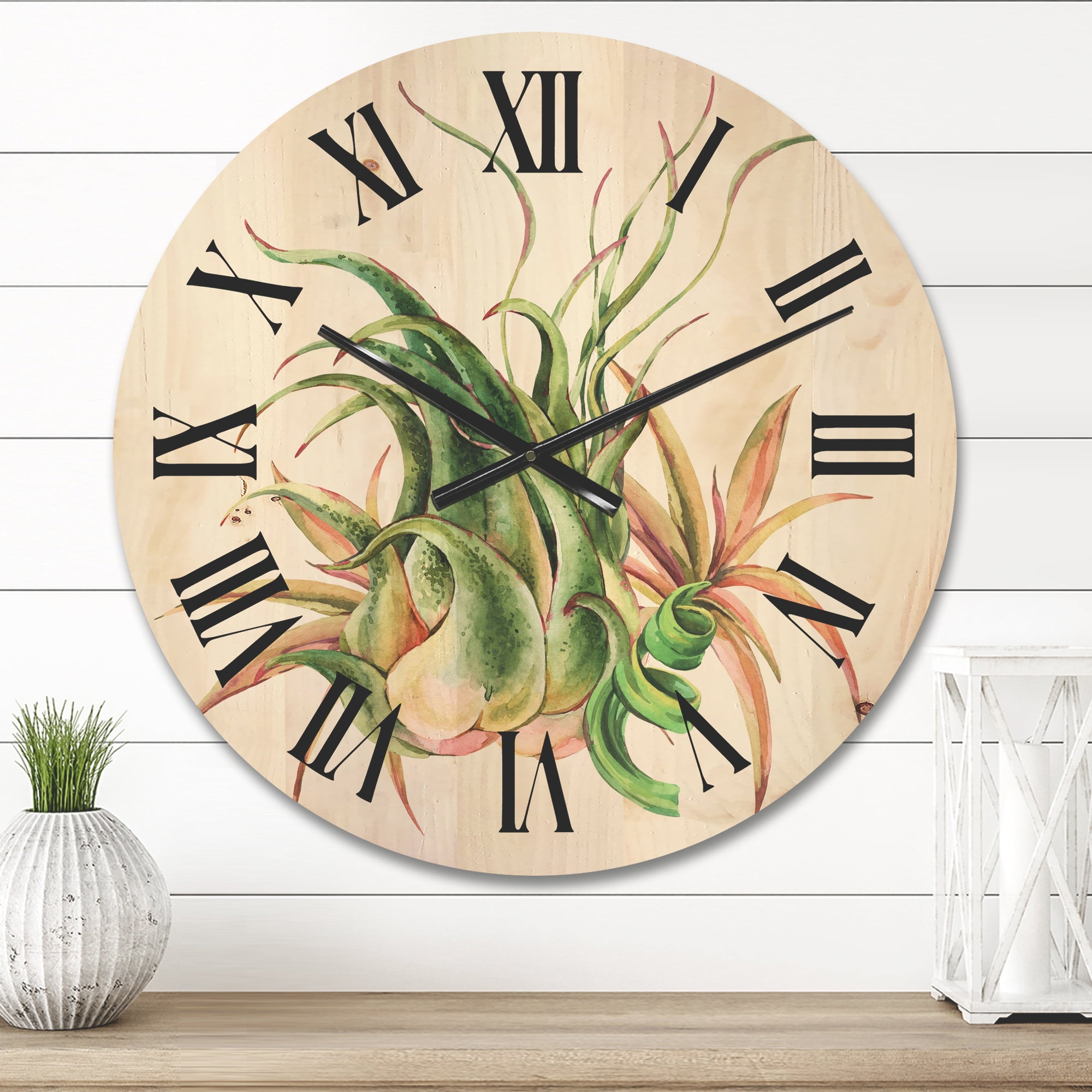 Designart 'Tropical Leaves Air Plant Succulent On White' Farmhouse Wood Wall Clock