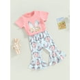 thumbnail image 3 of Genuiskids Toddler Baby Girl Easter Outfits 1 2 3 4 5 Years Kids Girl Summer Outfits Short Sleeve Bunny Ears Print T-shirt Tops Flare Pants Little Girl Bell Bottoms Clothes Set, 3 of 9