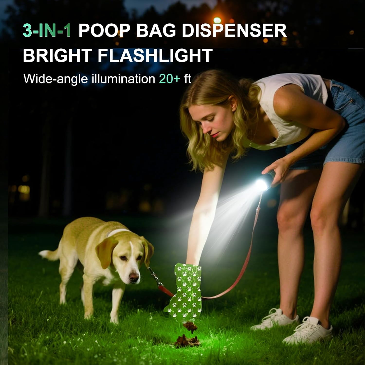 3-in-1 Dog Poop Bag Holder with Flashlight 7-Color, USB-C Rechargeable doggie bag holder for leash, IPX6 Waterproof Anti-Slip Clip Pet Waste Bag Dispenser for Walking (2 Dispensers, 60 Bags)