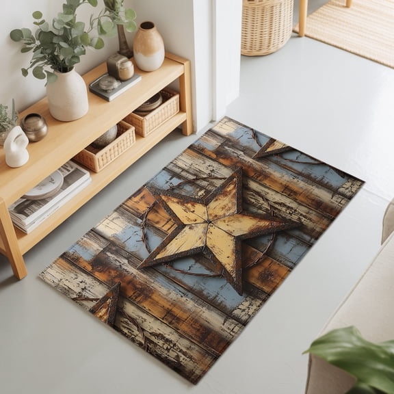 Entryway Rug 2'x3', Vintage Farmhouse Kitchen Runner Rugs Non-Slip Carpet Mats, Wooden Western Texas Star Pattern Bedside Rugs Runners Washable Floor Carpet for Bathroom Laundry Room