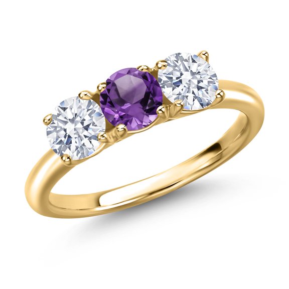 Gem Stone King 18K Yellow Gold Plated Silver Purple Amethyst and White Zirconia Engagement Ring for Women | 1.98 Cttw | Round 5MM | Gemstone February Birthstone | Size 7