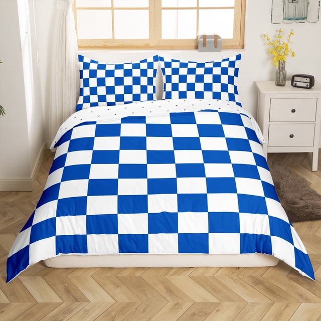 Erosebridal Checkered Gingham Duvet Cover King, Blue White Comforter Cover King, Rectangle Geometry Decor, Reversible