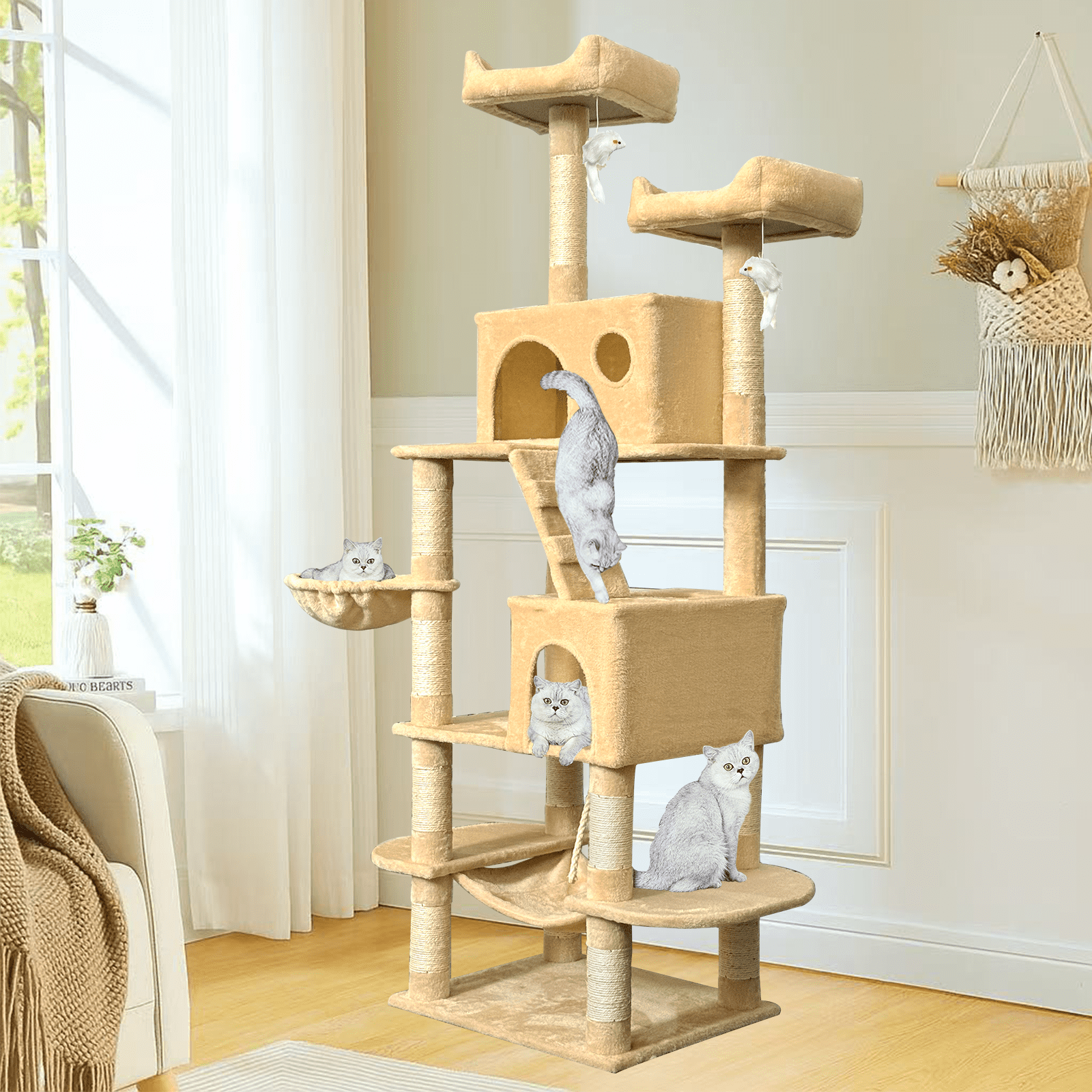 Baohe Indoor Cat Tower 70-Inch Modern Cat Tree with Widened Perch, Ideal for Big Cats & Kittens. Multi-Level Design with Scratching Posts, Tunnel, Basket & Cave Condo