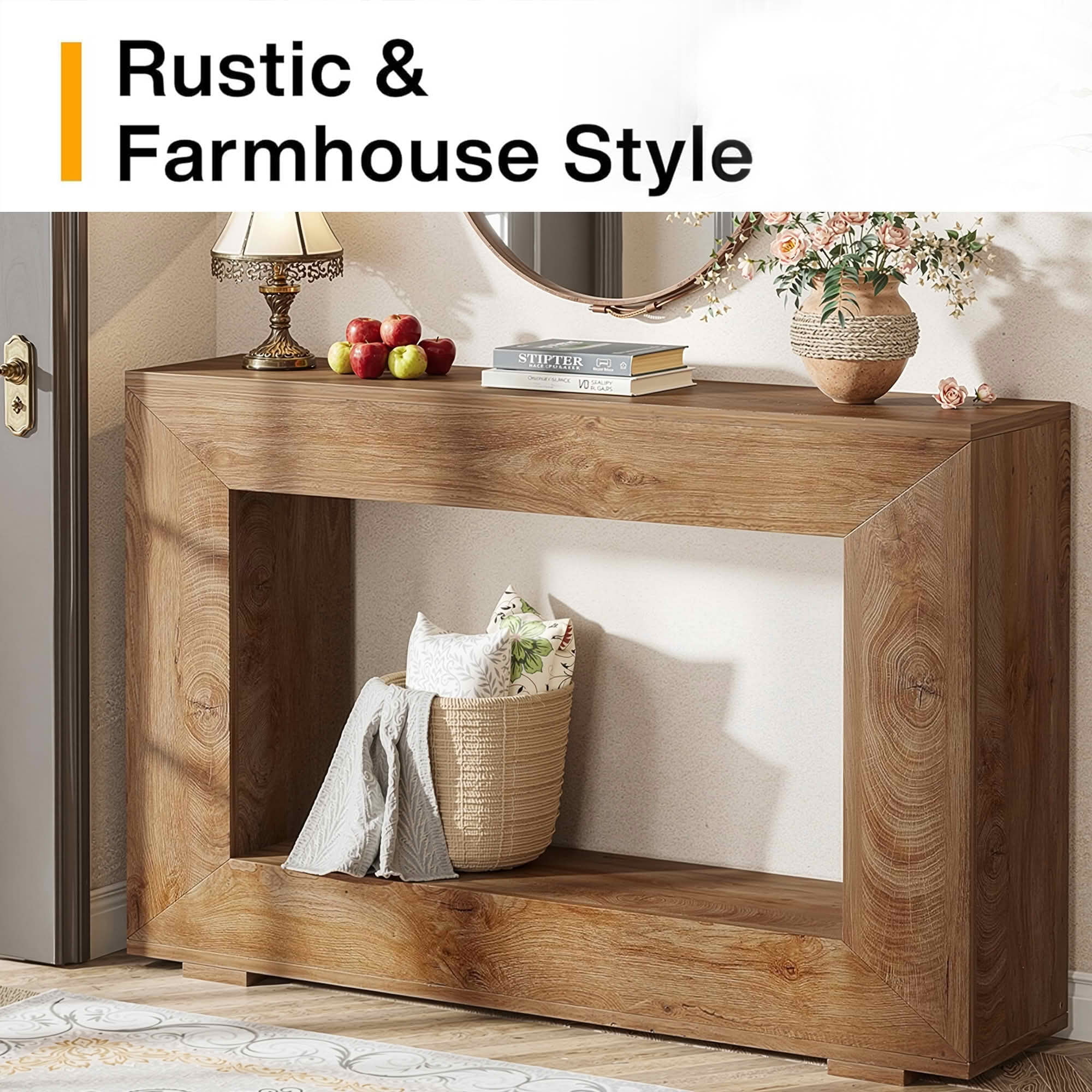 MAYEERTY 47.2" Farmhouse 2-Tier Console Table, E1 MDF Square Leg Entryway Sofa Table with Adjustable Anti-Slip Pads