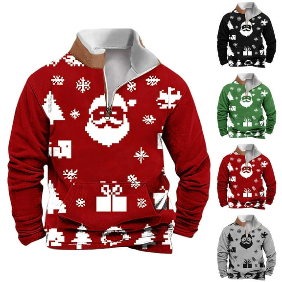 DODADAWANJ Christmas Stand Collar Sweatshirt for Men Quarter Zip Santa Claus Print Casual Hoodie Big and Tall Pullover for Vacation Daily M