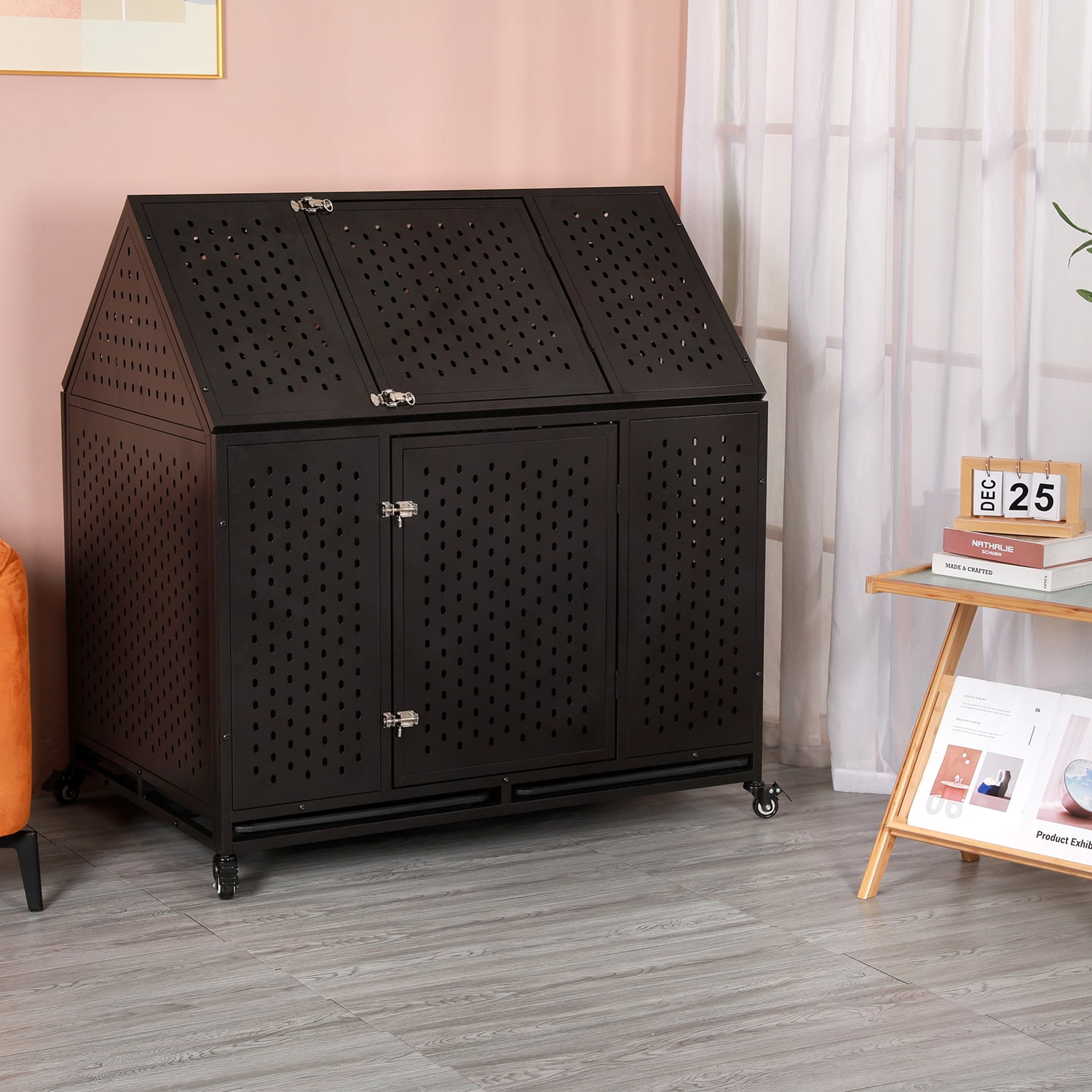 44 Inch Heavy Duty Indestructible Dog Crate with Wheels, Steel Escape-Proof Indoor Double Door High Anxiety Cage, Durable Chew-Proof Strong Kennel with Removable Tray for Large Medium Dogs