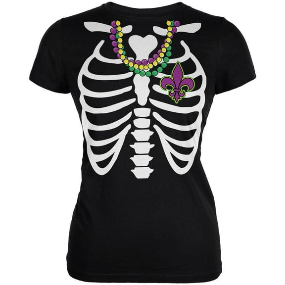 Mardi Gras Skeleton Fleur-de-lis Heart Black Juniors Soft T-Shirt - Large