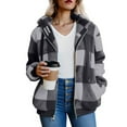 thumbnail image 2 of Kilaqueen Women Plaid Hooded Jackets Drawstring Fall Sherpa Shackets Long Sleeve Zip Up Fuzzy Fleece Shirts Winter Coats with Pockets, 2 of 5