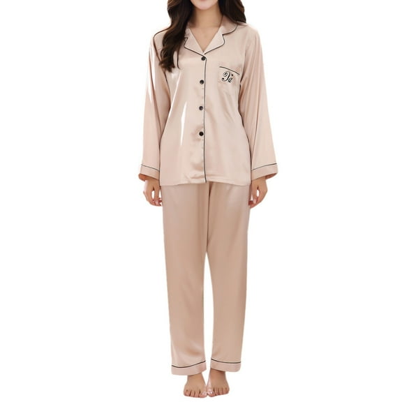 Pgeraug Pajamas for Women Spring Pure Color Long-Sleeved Comfortable Home Pyjamas Set Women's Sleepwear Beige L