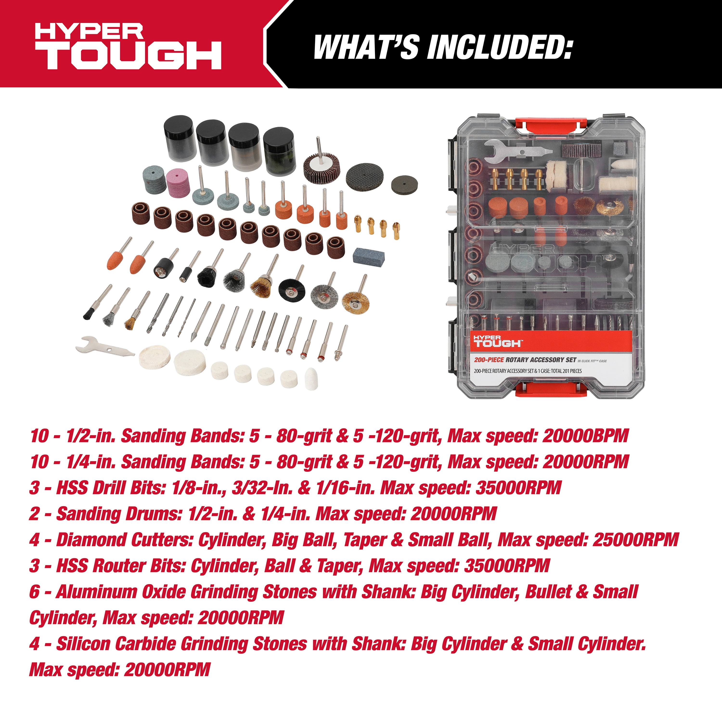 Hyper Tough 200-Piece Universal Rotary Accessory Kit in Click Fit Case