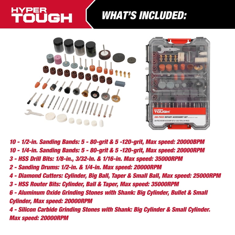 Hyper Tough Rotary Accessory Kit 200 Pieces in Click Fit Case for