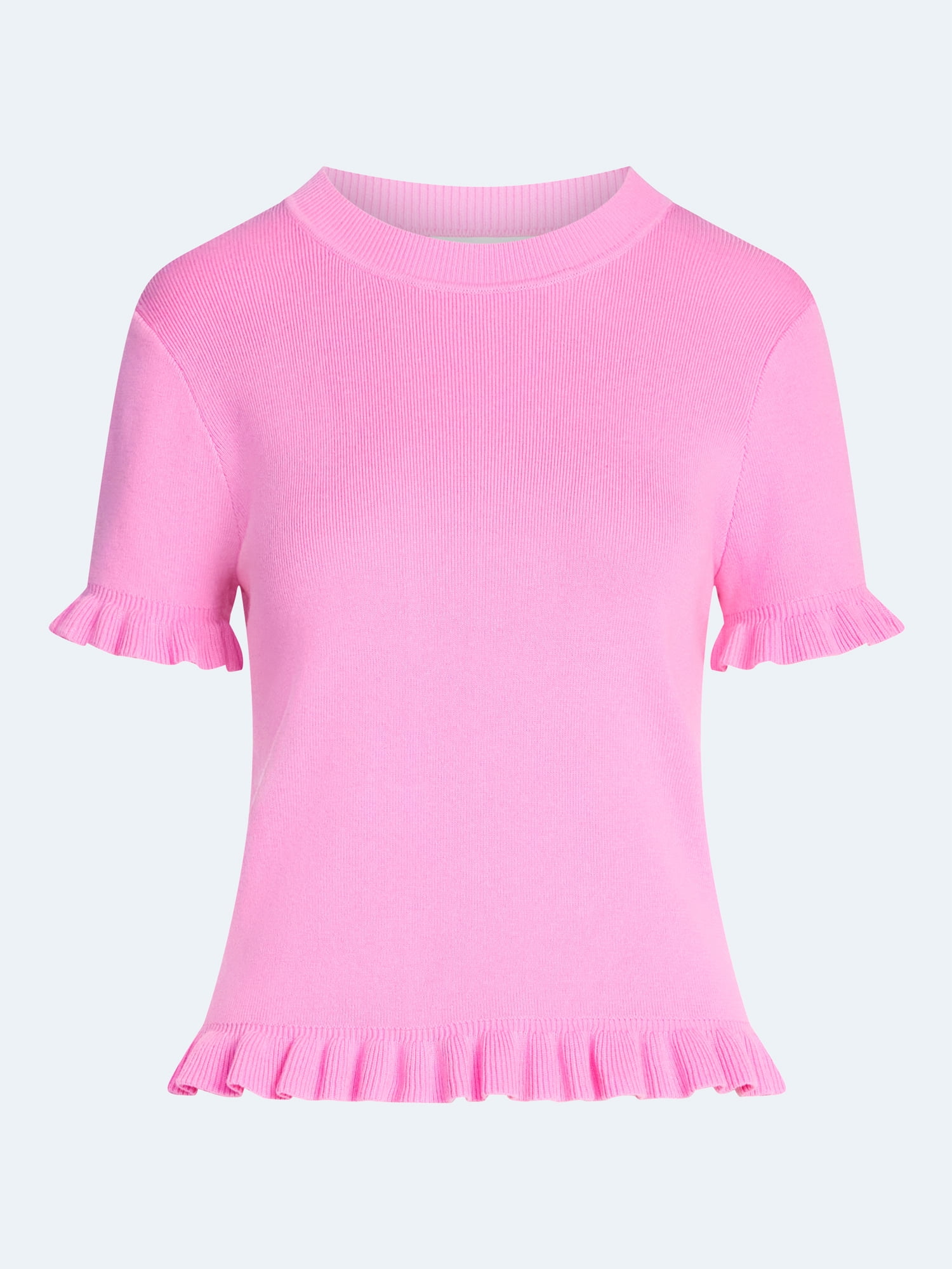 Free Assembly Women’s Ruffle Trim Sweater with Short Sleeves, Lightweight, Sizes XS-XXL