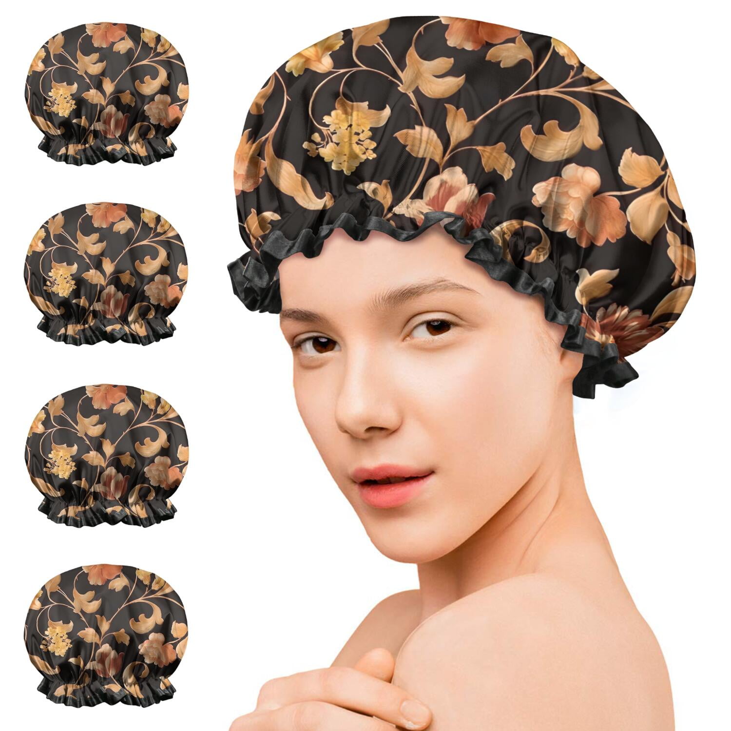 Shower Caps,Pioneer Flower Floral Print Pattern Waterproof Shower Cap for Women 4 Pieces,Double Reusable Hair Cover for Shower PEVA Elastic Stretch Hem