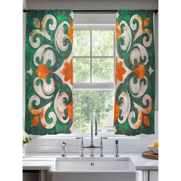 Green Burnt Orange Sheer Curtains for Living Room Bedroom Boho Ethnic Flower Abstract Sheer Curtains 63 Inch Long 2 Panels Set Light Filtering Curtain Window Treatments Drapes for Dining Room