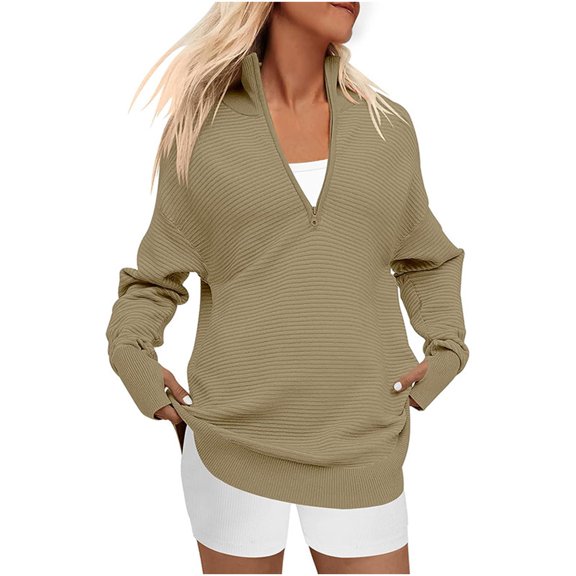 Lovskoo Sweaters for Women Long Sleeve Half Zip V-Neck Casual Rib Knitted Sweater Pullover Khaki