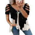 thumbnail image 1 of CHOK Women Summer Short Sleeve Cold Shoulder V Neck Zipper Tunic Tops Loose Leopard Blouse, 1 of 3