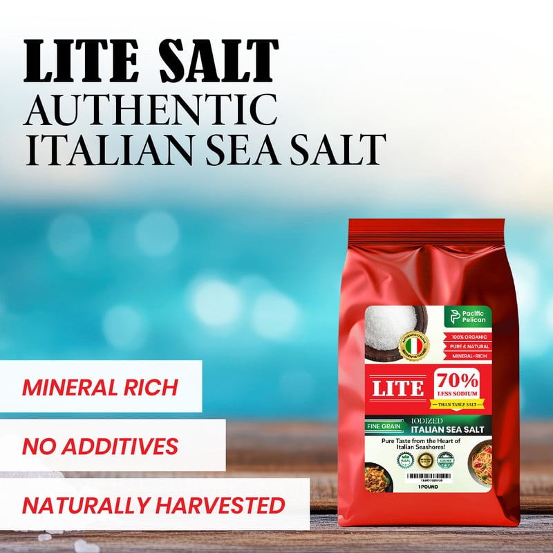 Pacific Pelican 70% Less Sodium Iodized Lite Italian Sea Salt, 70% Less Sodium, Fine Grain - Pack of 2 - Natural & Organic; best for thyroid function ; wellness; paleo and gluten free