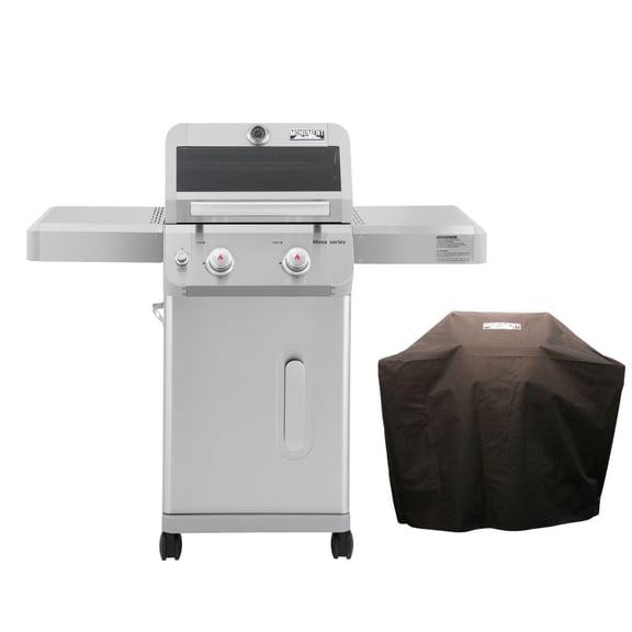 Mesa 2-Burner Propane Gas Grill in Stainless Steel with Clear View Lid, LED Controls, and Grill Cover