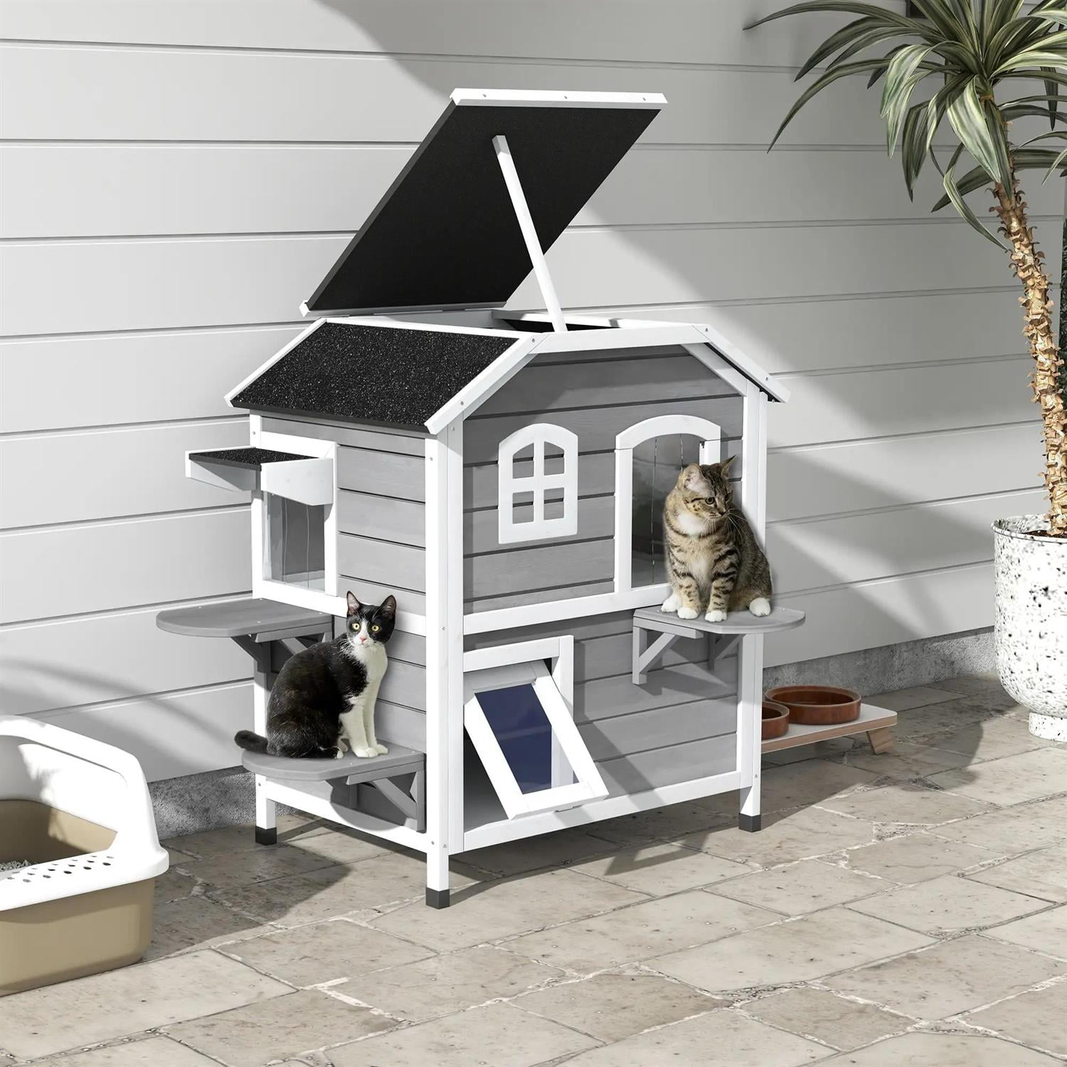 Pefilos 2-story Outdoor Weatherproof Cat House with Openable Roof, Escape Door, Jumping Platforms, Wooden Feral Shelter for Cats and Small Animals, Gray