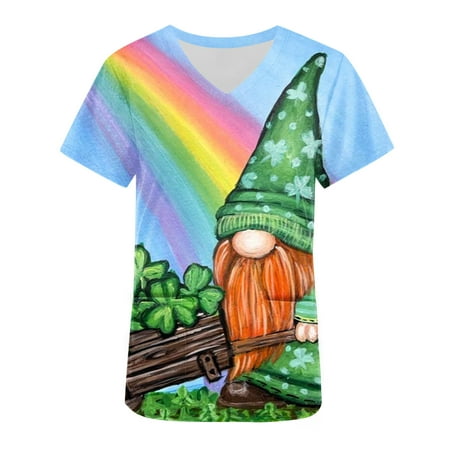 

CYMMPU Women s V-Neck Pocketed Scrub_Tops Nurse Workwear Uniform Clearance Tops Summer Tees Short Sleeve Shirts Trendy St. Patrick s Day Tunic Green Clover Graphic Fashion Tshirts Light Blue XXL