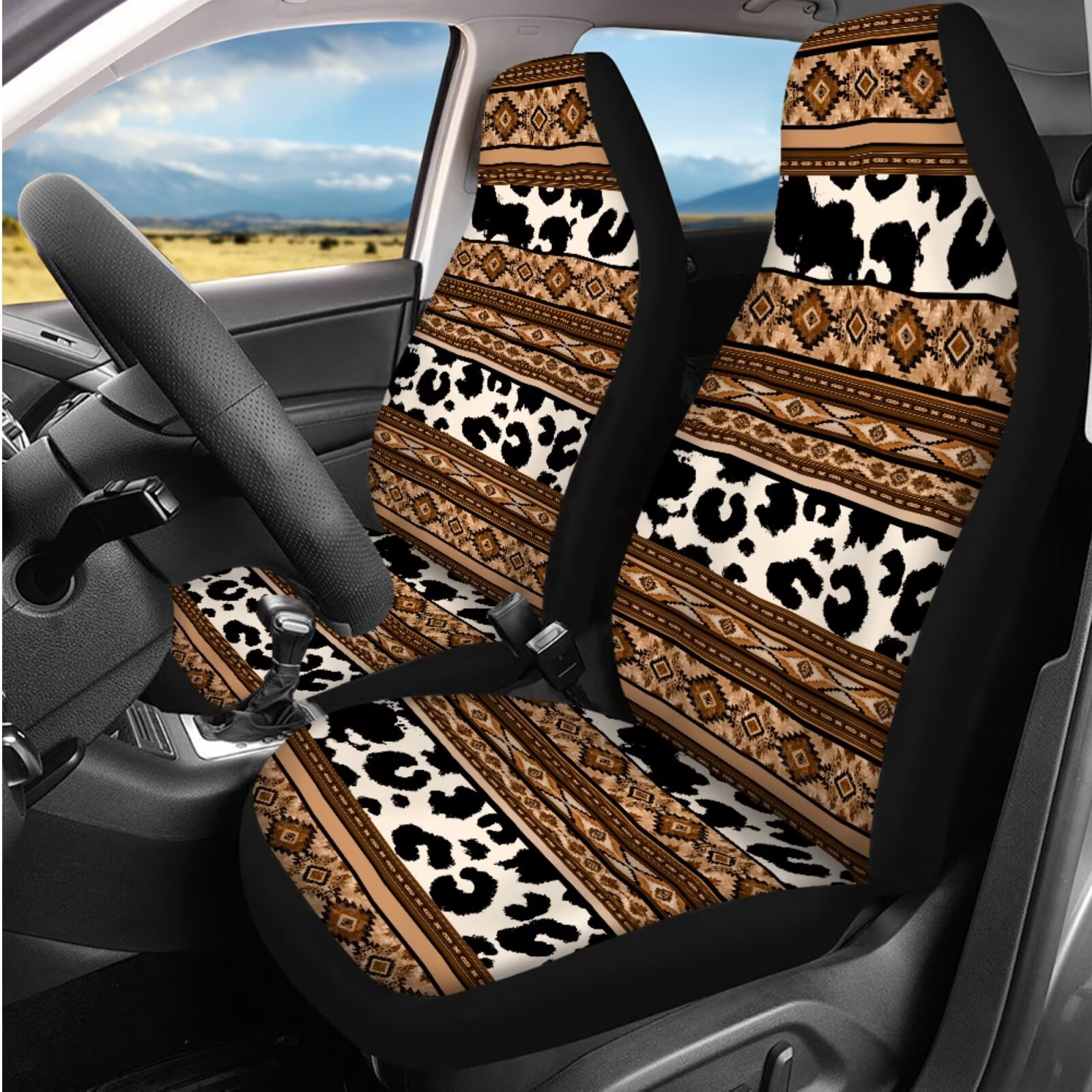 HUIACONG Aztec Cow Print Seat Covers for Cars Full Set with Steering Wheel Cover Armrest Cover Seat Belt Pads Headrest Cover Coasters Keychain 14 Pcs Southwestern Car Accessories Interior