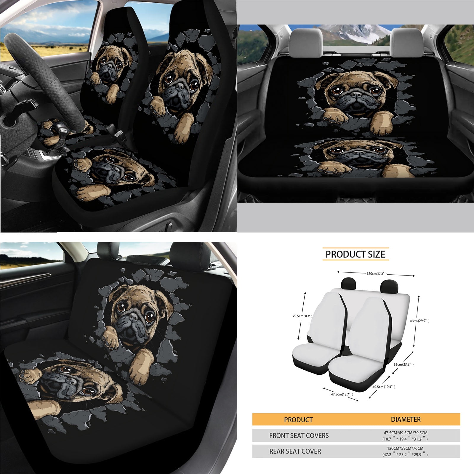 Yuyamidu 3D Pug Car Seat Cover Set of 14 Black Steering Wheel Cover Seat Belt Pads Waste Basket Bin Rearview Mirror Cover Cup Holder Cute Center Console Cover Handbrake Cover Gear Shift Cover