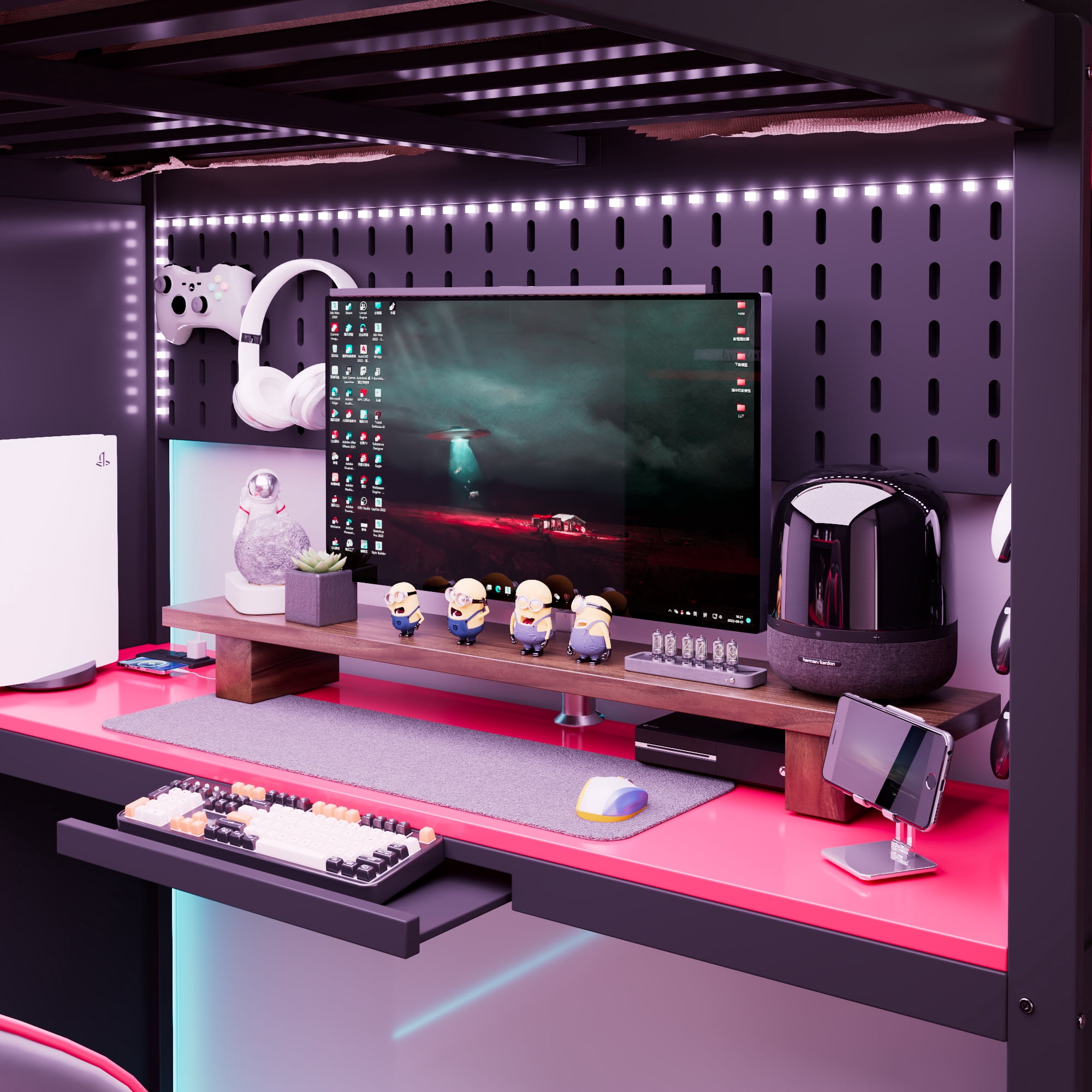 Mintazer Full Size Loft Bed with Wardrobe, Storage Shelves, Desk, Blackout Curtains, Charging Station & RGB Lights Game Bed Frame for Teens, Black & Red