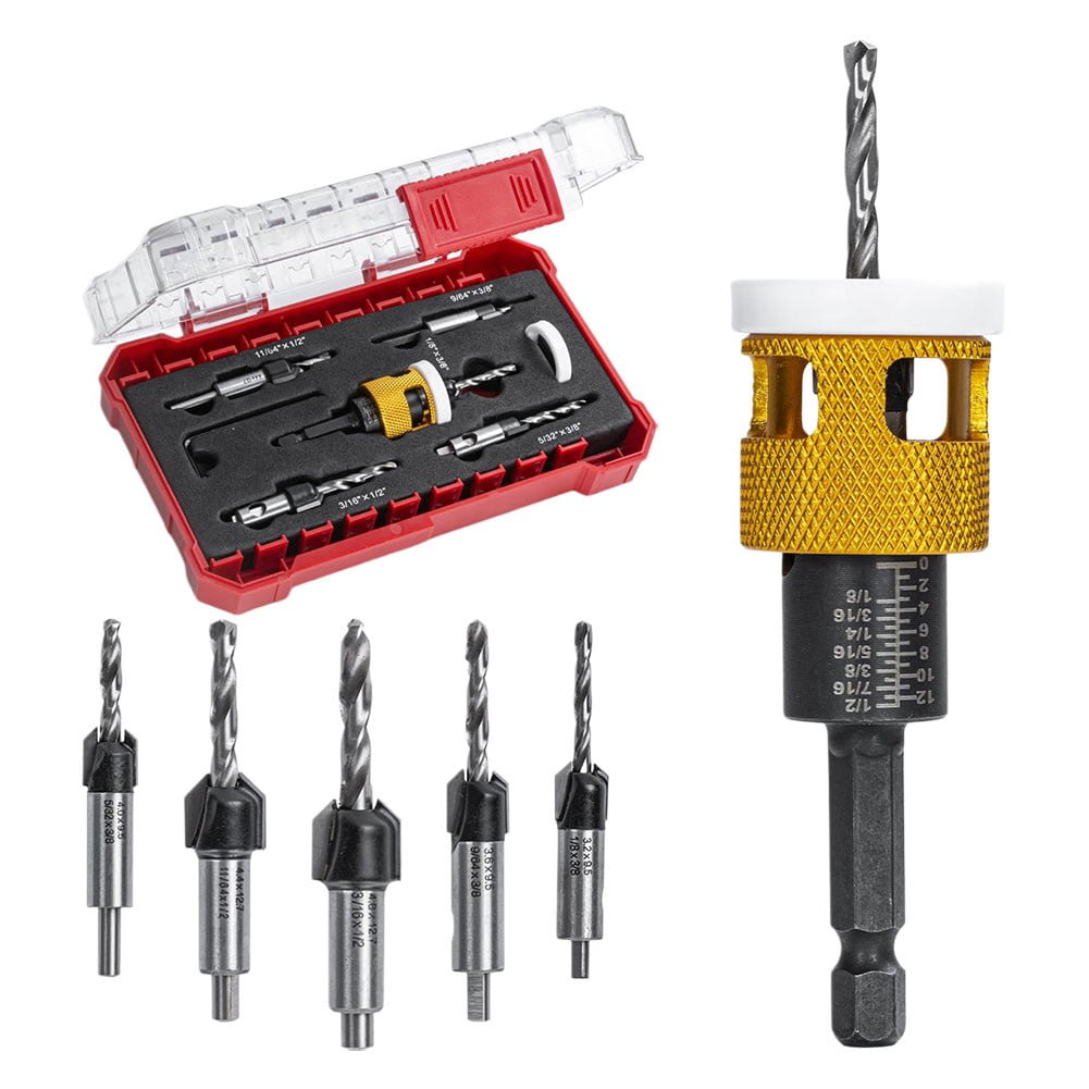 5 Pcs Adjustable Countersink Drill Bit Set with Depth Stop for Woodworking