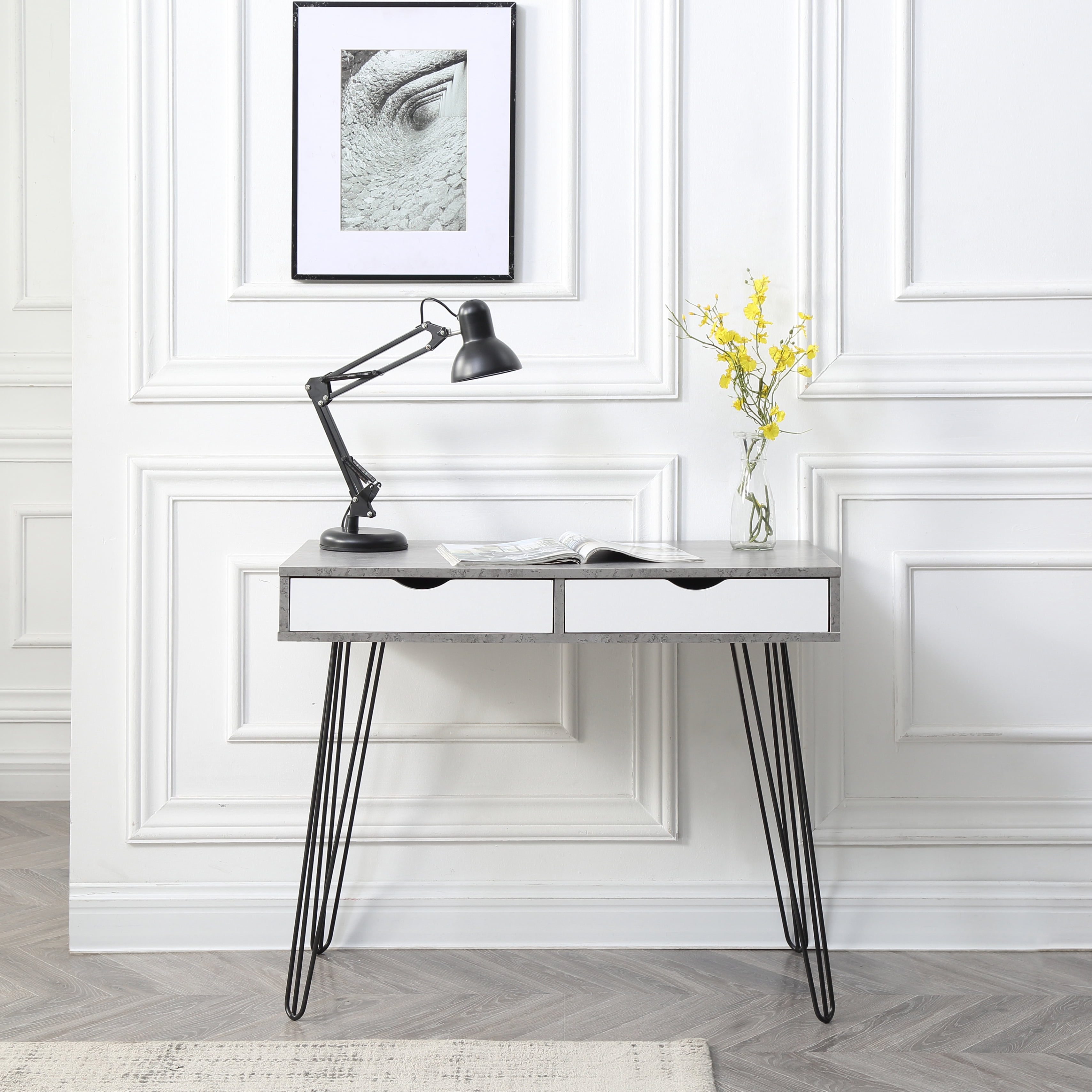 Retro Writing Desk with Drawers, Solid Hardwood Frame Home Office Computer Desk for Bedroom Dorm Study